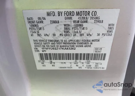 2007 Ford Escape Xls/Xls Manual z USA, uszkodzony, nr VIN 1FMYU92Z17KA83262